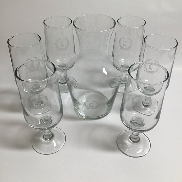 Vintage Other - Letter L Monogram Wine Decanter Carafe 6 Glasses SET Etched Clear Glass Barware
